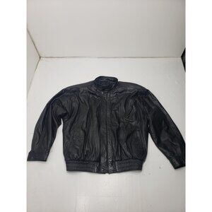 Boss Leather Black Leather Bomber Motorcycle Full Zip Button Up Jacket Size ?